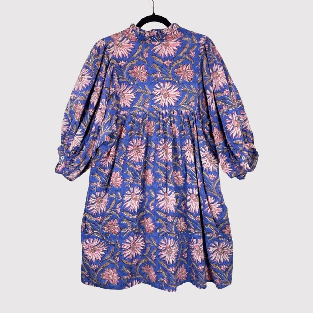 Sur La Vague Mini Dress Purple Blouse Mini Floral V Neck Puff Sleeve Boho M/L - Picture 3 of 11